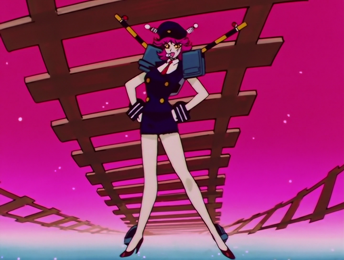 Toden, a Daimon from Sailor Moon episode 99. She has pale, slightly greenish skin, and fuchsia hair. She’s wearing a blue train conductor’s uniform and hat, and has wheels attached to her wrists and ankles. Her hat has antennae resembling the electrical contacts for overhead cables, she has a whistle in her mouth, and she has yellow and black striped rail crossing gates coming off her shoulders. She’s posing in front of three twisting sets of train tracks.